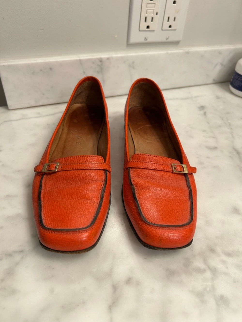 Celine Orange Leather Square-Toe Loafers with Dark Trim